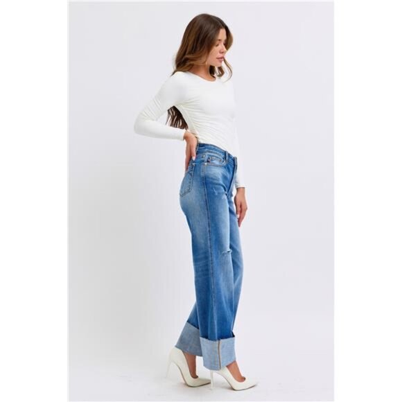 Judy Blue Full Size Distressed High Waist Wide Leg Jeans - Picture 8 of 10